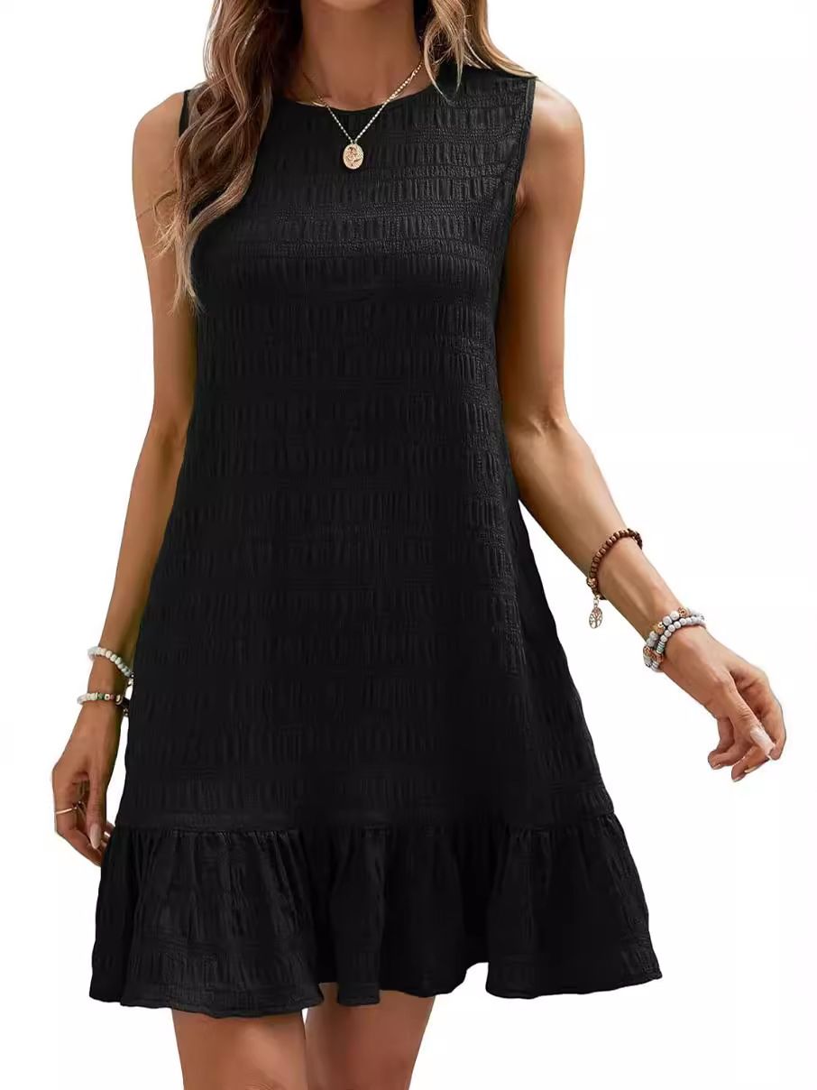 New summer women's dress, solid color dress, sleeveless round neck long skirt, slim and versatile A-line skirt, ruffle hem straight tank top skirt, fashionable and versatile, Tiktok -- popular