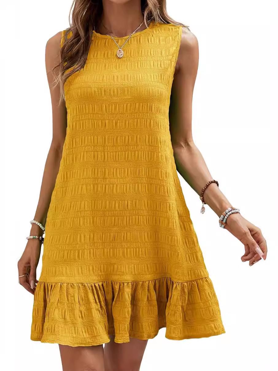 New summer women's dress, solid color dress, sleeveless round neck long skirt, slim and versatile A-line skirt, ruffle hem straight tank top skirt, fashionable and versatile, Tiktok -- popular