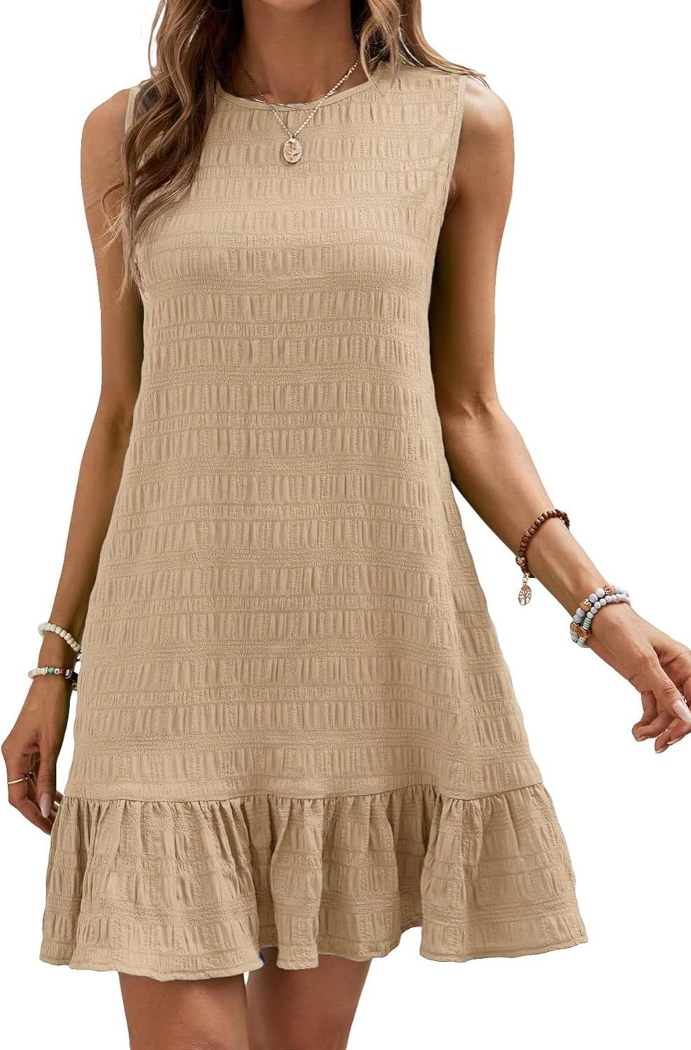New summer women's dress, solid color dress, sleeveless round neck long skirt, slim and versatile A-line skirt, ruffle hem straight tank top skirt, fashionable and versatile, Tiktok -- popular