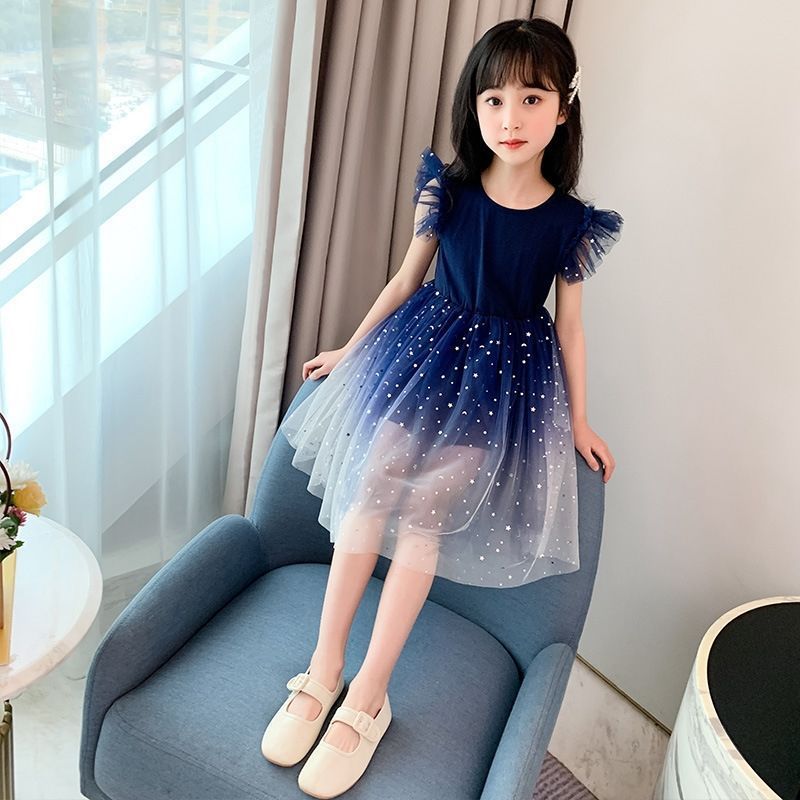 Girls Summer New Western Starry Sky Gradient Short sleeved Dress, Pleated Sleeves Princess Dress, Fluffy Yarn Children's Dress, Round Neck, Slim Fit Fairy Dress, Fashionable and Versatile