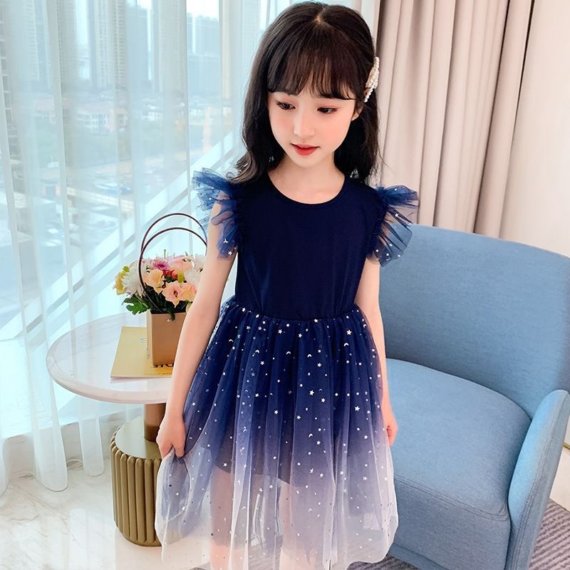Girls Summer New Western Starry Sky Gradient Short sleeved Dress, Pleated Sleeves Princess Dress, Fluffy Yarn Children's Dress, Round Neck, Slim Fit Fairy Dress, Fashionable and Versatile