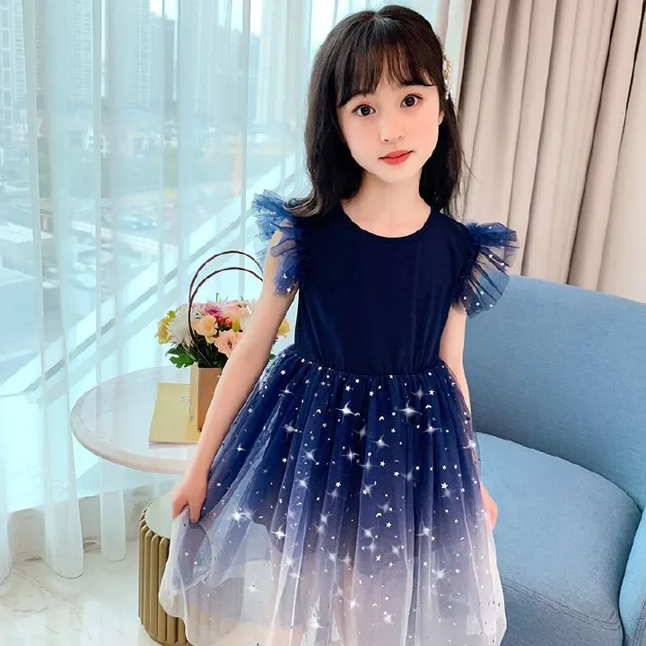 Girls Summer New Western Starry Sky Gradient Short sleeved Dress, Pleated Sleeves Princess Dress, Fluffy Yarn Children's Dress, Round Neck, Slim Fit Fairy Dress, Fashionable and Versatile