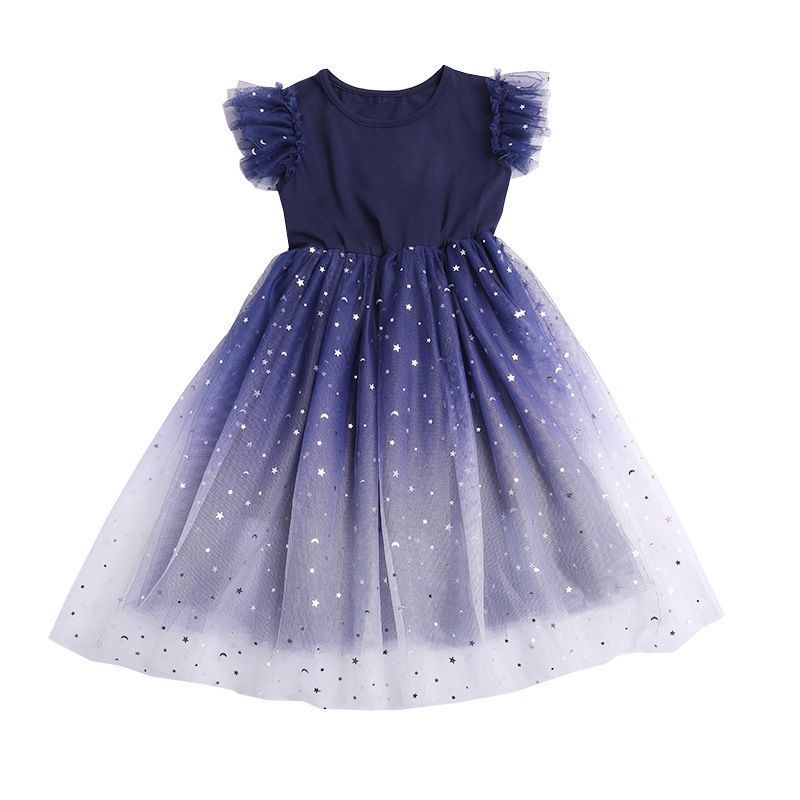 Girls Summer New Western Starry Sky Gradient Short sleeved Dress, Pleated Sleeves Princess Dress, Fluffy Yarn Children's Dress, Round Neck, Slim Fit Fairy Dress, Fashionable and Versatile