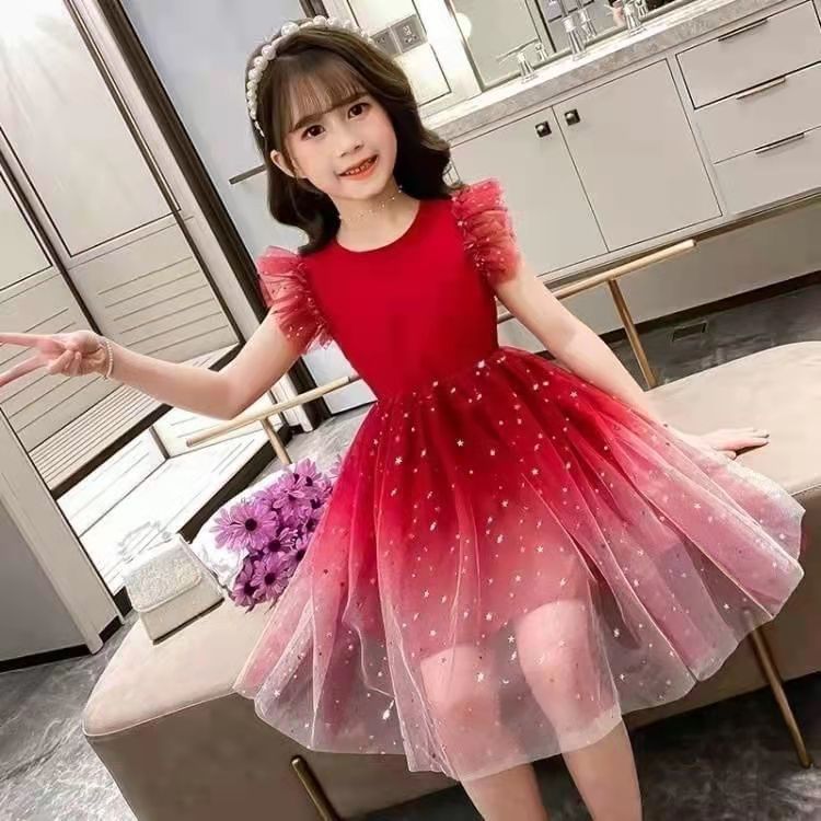 Girls Summer New Western Starry Sky Gradient Short sleeved Dress, Pleated Sleeves Princess Dress, Fluffy Yarn Children's Dress, Round Neck, Slim Fit Fairy Dress, Fashionable and Versatile