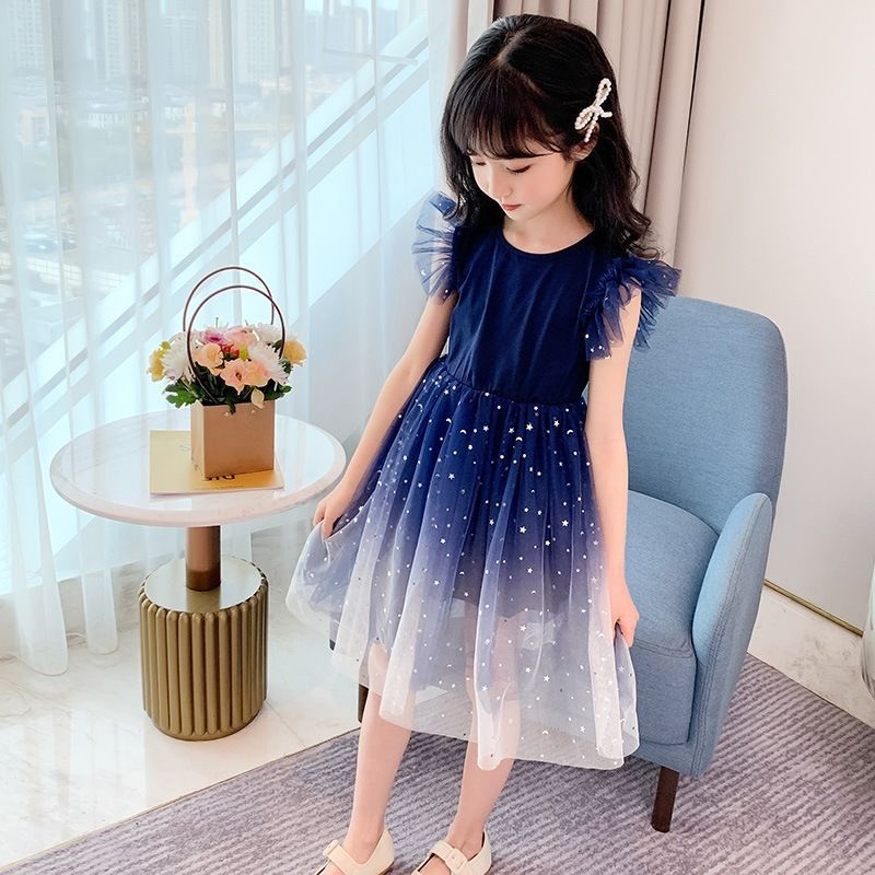 Girls Summer New Western Starry Sky Gradient Short sleeved Dress, Pleated Sleeves Princess Dress, Fluffy Yarn Children's Dress, Round Neck, Slim Fit Fairy Dress, Fashionable and Versatile
