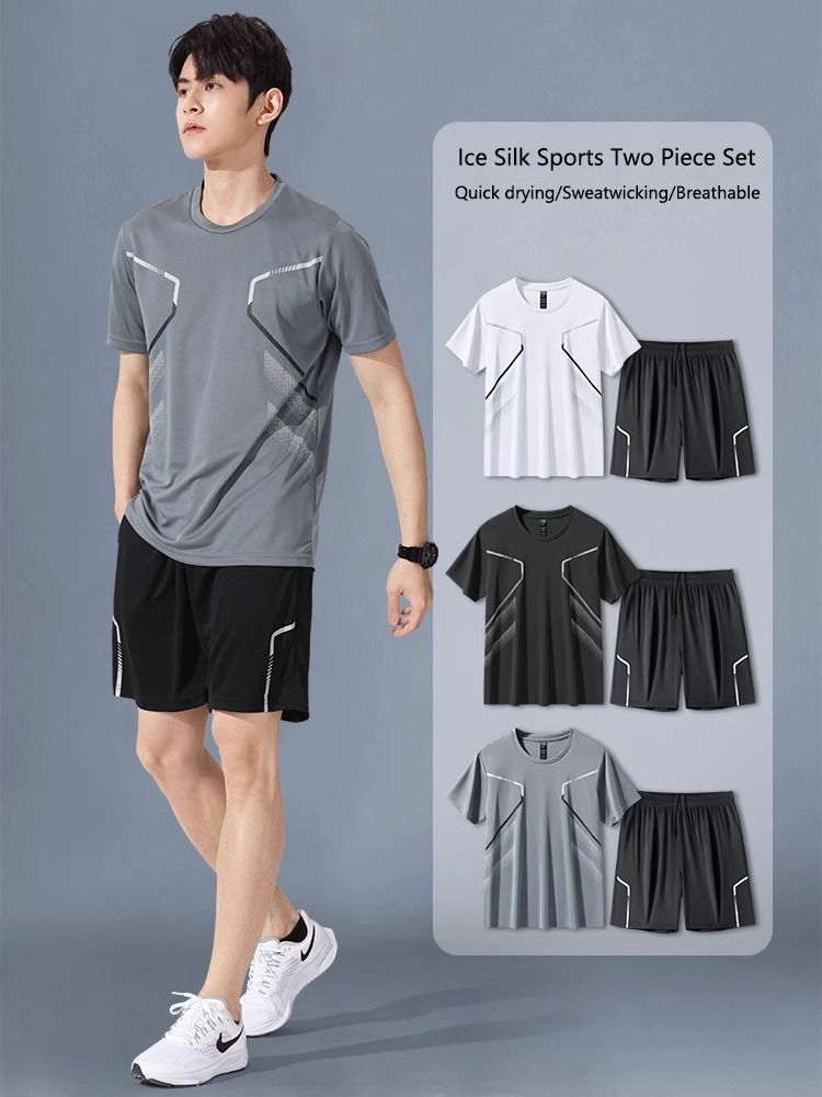 Hot selling sportswear set for men, running short sleeved ice silk summer quick drying clothes, basketball suit, badminton fitness clothing shorts, morning running and cycling set, casual set
