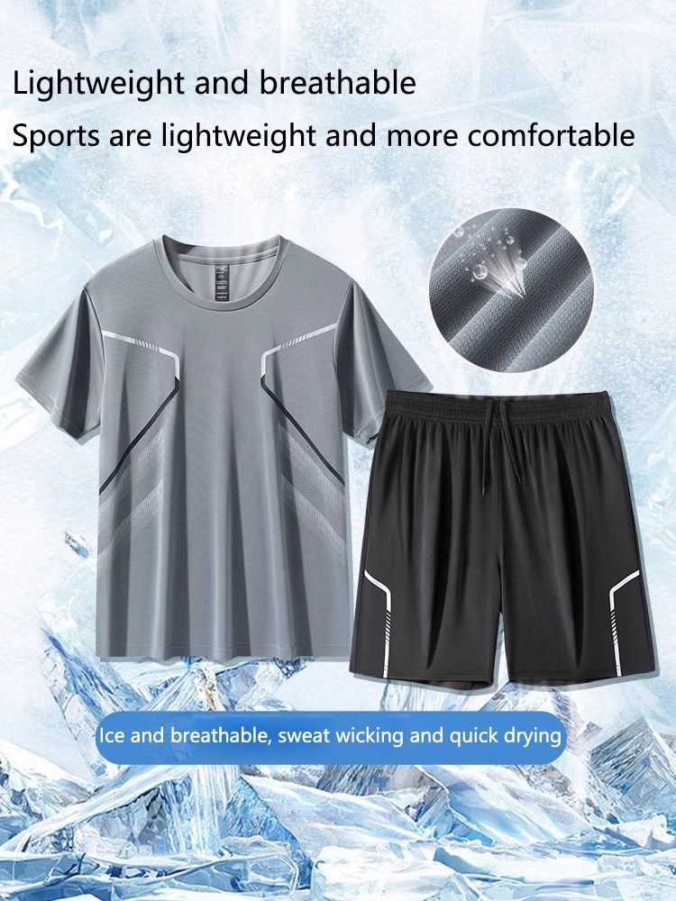 Hot selling sportswear set for men, running short sleeved ice silk summer quick drying clothes, basketball suit, badminton fitness clothing shorts, morning running and cycling set, casual set