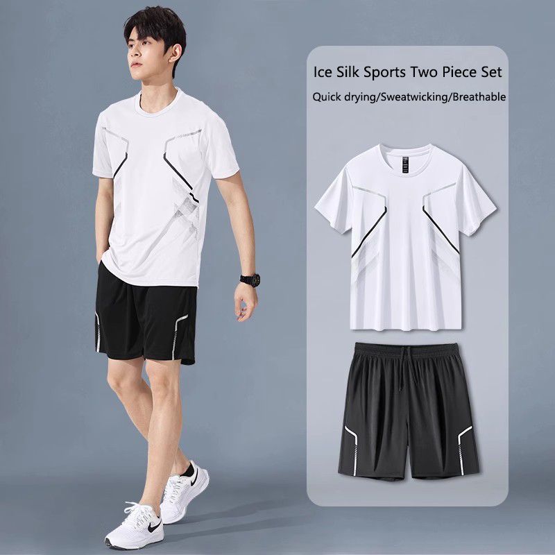 Hot selling sportswear set for men, running short sleeved ice silk summer quick drying clothes, basketball suit, badminton fitness clothing shorts, morning running and cycling set, casual set