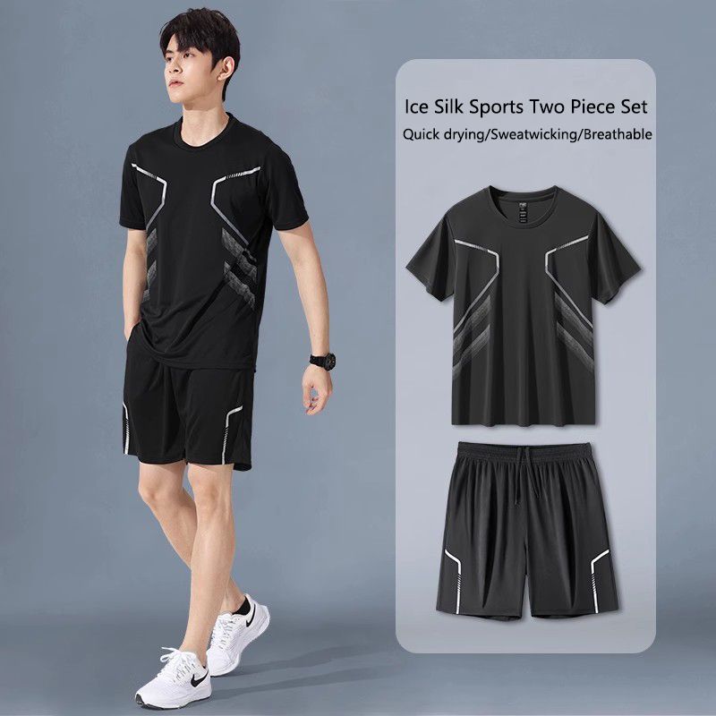 Hot selling sportswear set for men, running short sleeved ice silk summer quick drying clothes, basketball suit, badminton fitness clothing shorts, morning running and cycling set, casual set