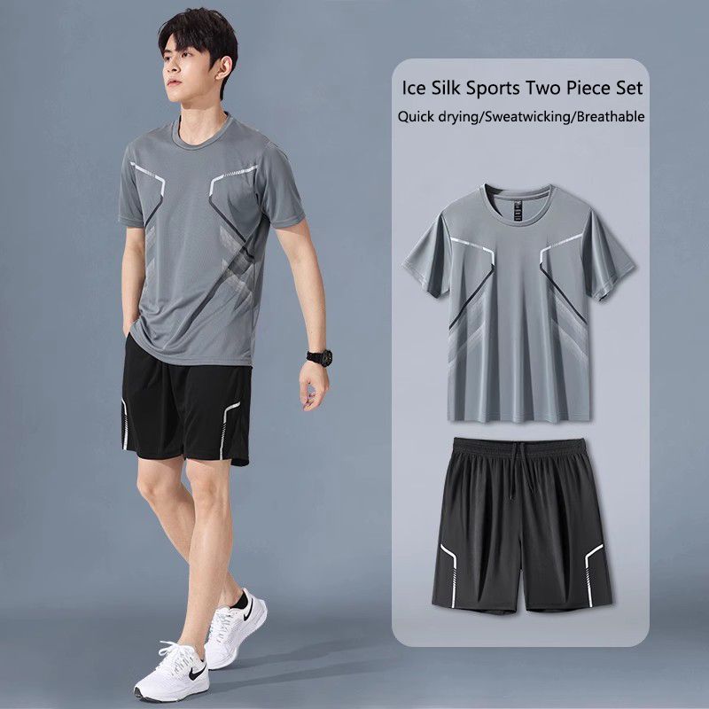 Hot selling sportswear set for men, running short sleeved ice silk summer quick drying clothes, basketball suit, badminton fitness clothing shorts, morning running and cycling set, casual set