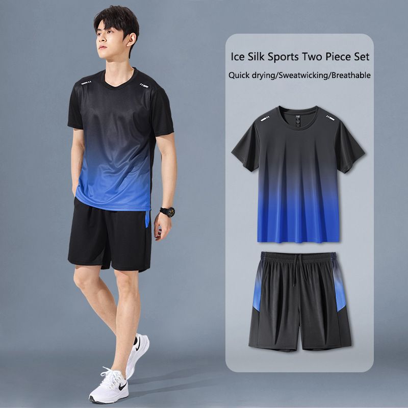 Hot selling sportswear set for men, running short sleeved ice silk summer quick drying clothes, basketball suit, badminton fitness clothing shorts, morning running and cycling set, casual set