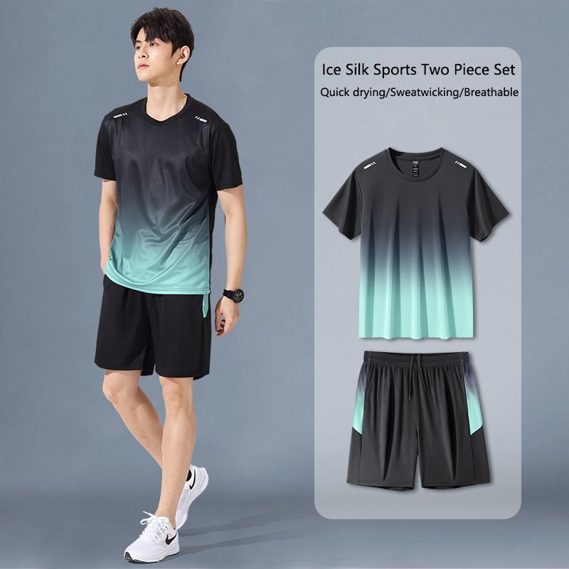 Hot selling sportswear set for men, running short sleeved ice silk summer quick drying clothes, basketball suit, badminton fitness clothing shorts, morning running and cycling set, casual set