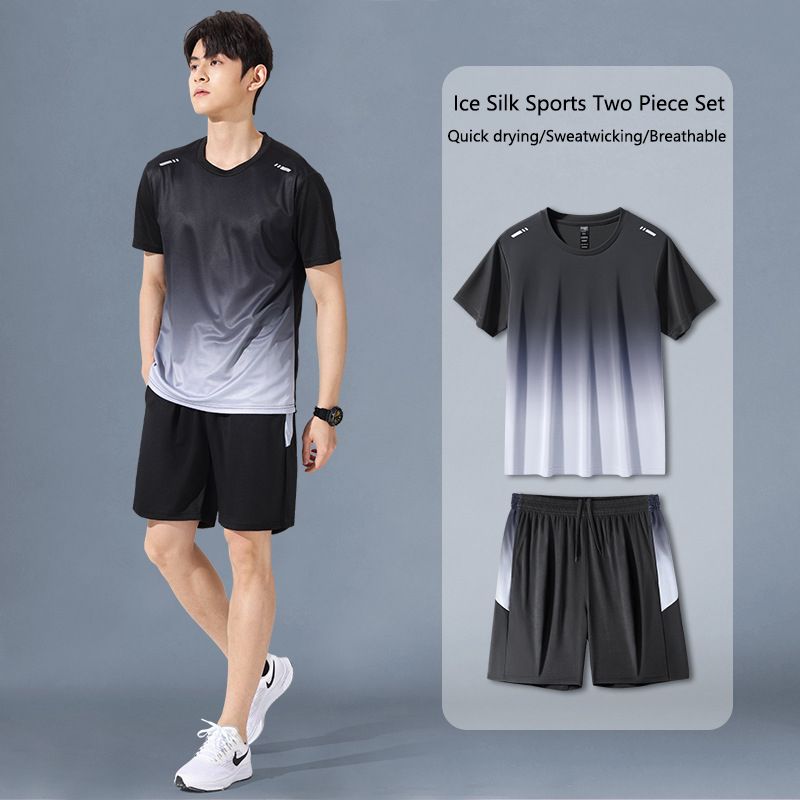 Hot selling sportswear set for men, running short sleeved ice silk summer quick drying clothes, basketball suit, badminton fitness clothing shorts, morning running and cycling set, casual set