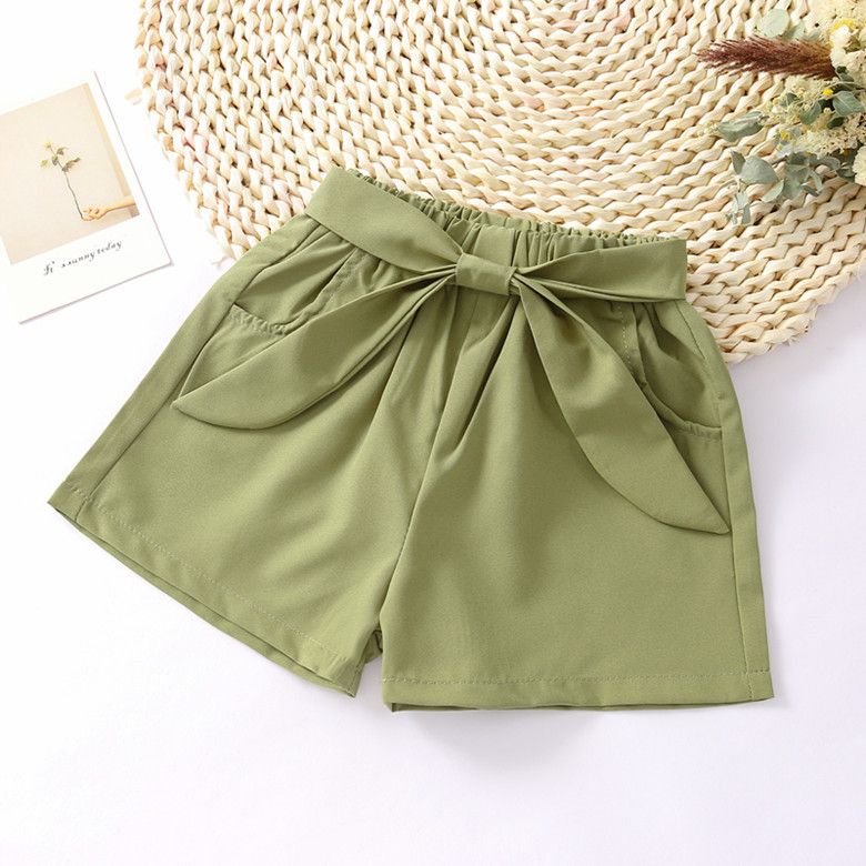 Hot selling girls' shorts, new summer pants, trendy loose bow shorts for external wear, girls' hot pants, solid color lace up, with pockets, convenient and stylish, simple and stylish
