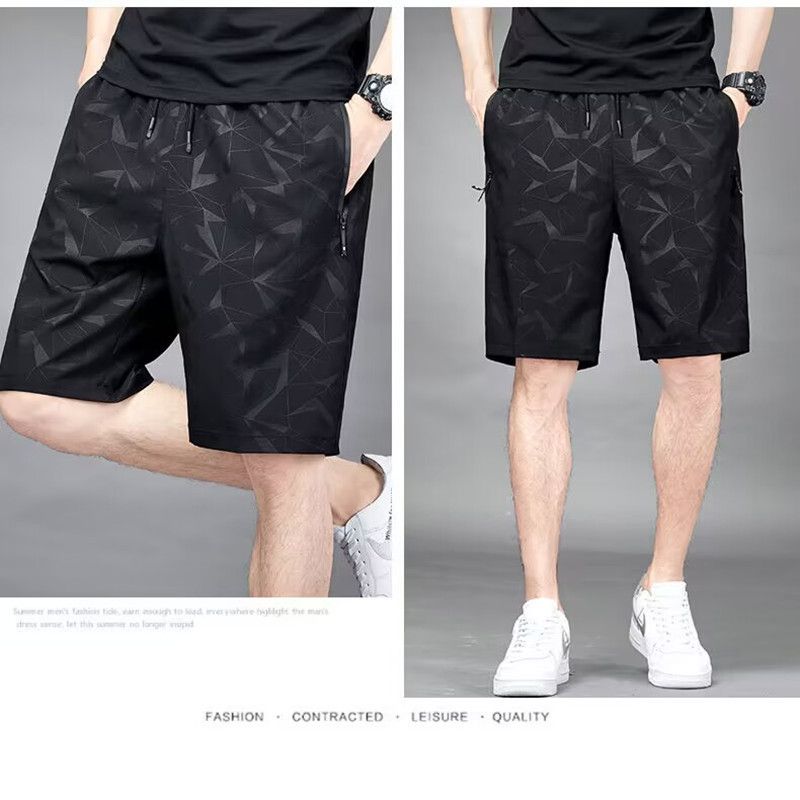 Summer hot selling ice silk casual shorts, men's loose quarter pants, elastic quick drying sports pants, printed beach pants, fashionable large shorts, casual and versatile, with drawstring design
