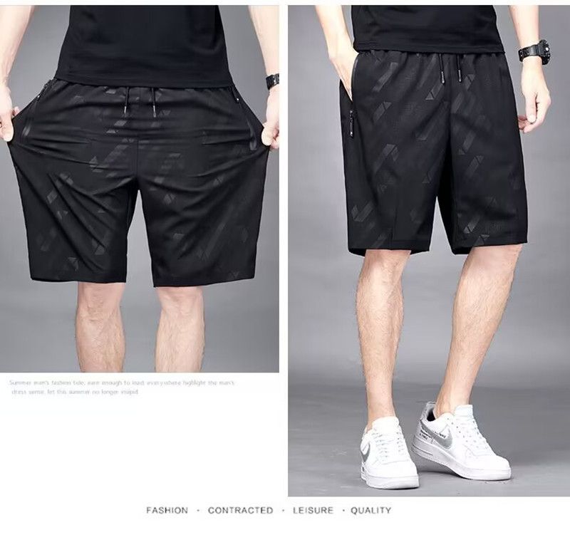 Summer hot selling ice silk casual shorts, men's loose quarter pants, elastic quick drying sports pants, printed beach pants, fashionable large shorts, casual and versatile, with drawstring design