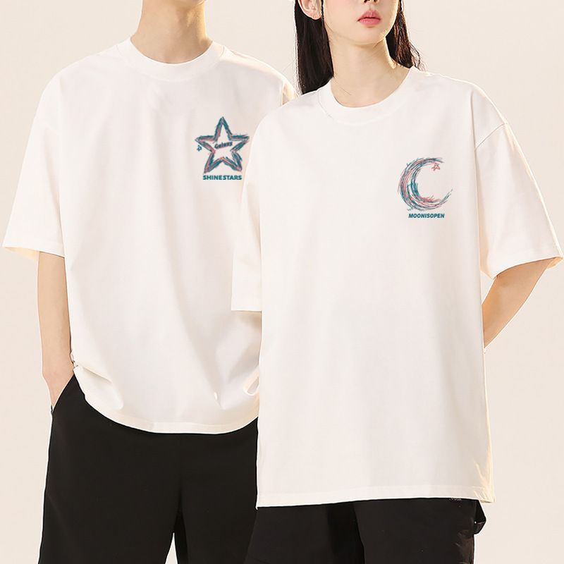 Summer popular couple clothing, short sleeved round neck T-shirt, internet famous creative printed top with stars and moon, men's and women's pure cotton casual bottom shirt, stylish and versatile