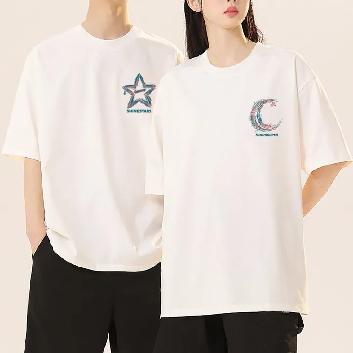 Summer popular couple clothing, short sleeved round neck T-shirt, internet famous creative printed top with stars and moon, men's and women's pure cotton casual bottom shirt, stylish and versatile
