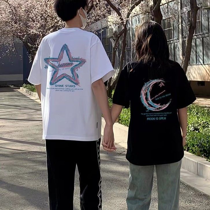 Summer popular couple clothing, short sleeved round neck T-shirt, internet famous creative printed top with stars and moon, men's and women's pure cotton casual bottom shirt, stylish and versatile