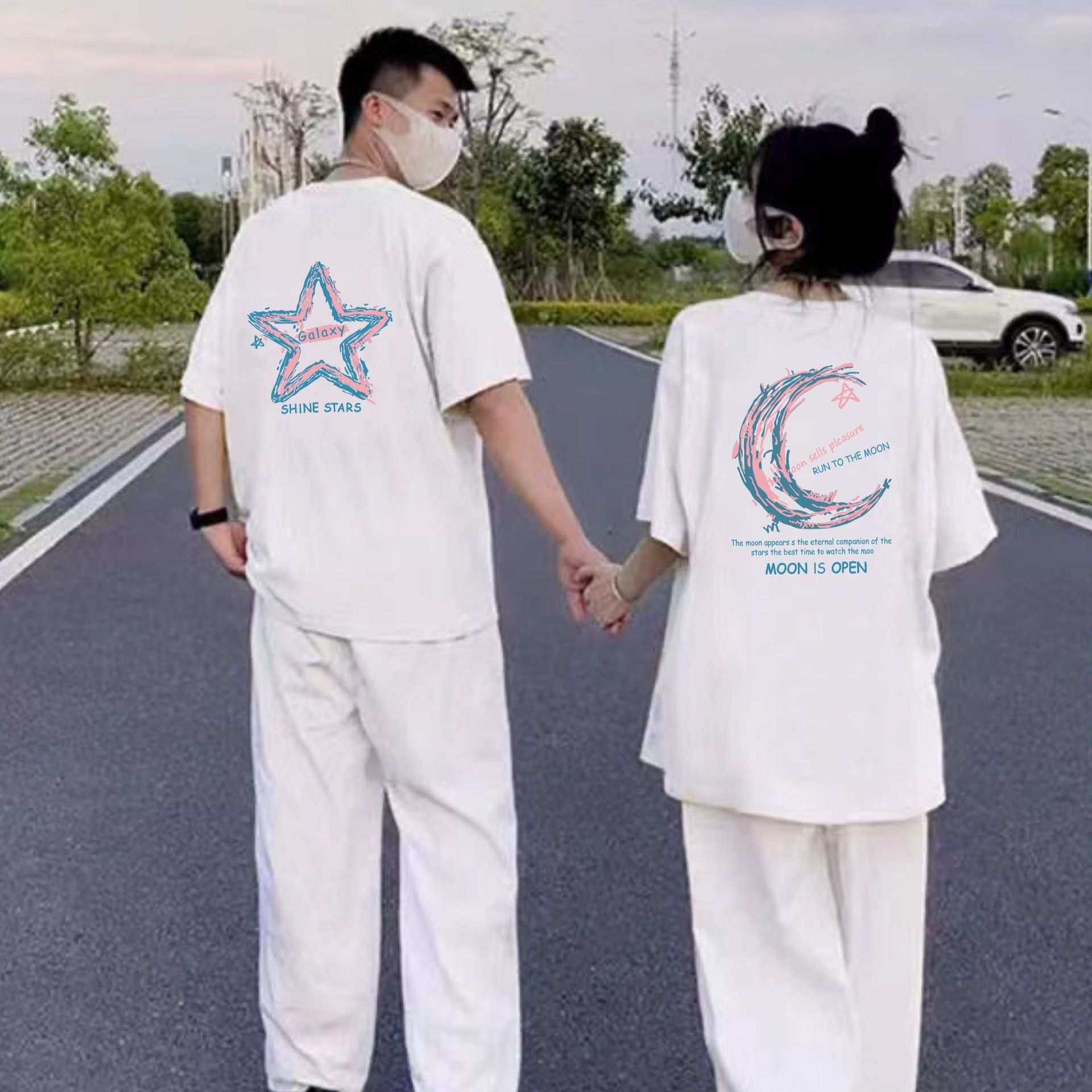 Summer popular couple clothing, short sleeved round neck T-shirt, internet famous creative printed top with stars and moon, men's and women's pure cotton casual bottom shirt, stylish and versatile