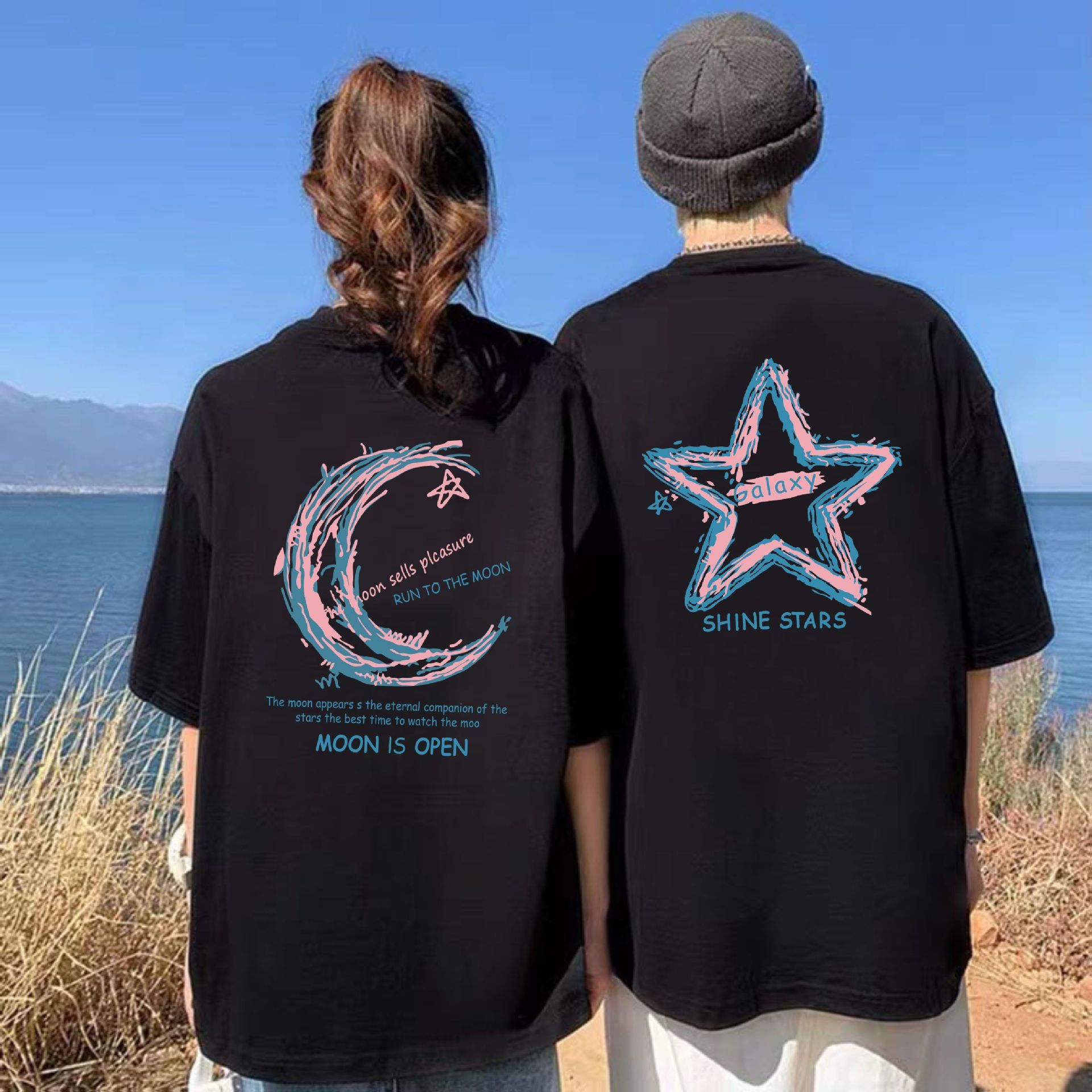 Summer popular couple clothing, short sleeved round neck T-shirt, internet famous creative printed top with stars and moon, men's and women's pure cotton casual bottom shirt, stylish and versatile