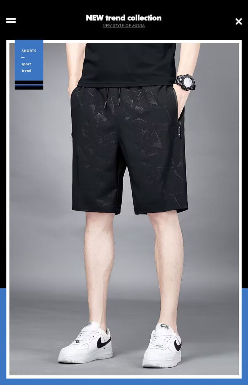 Summer hot selling ice silk casual shorts, men's loose quarter pants, elastic quick drying sports pants, printed beach pants, fashionable large shorts, casual and versatile, with drawstring design