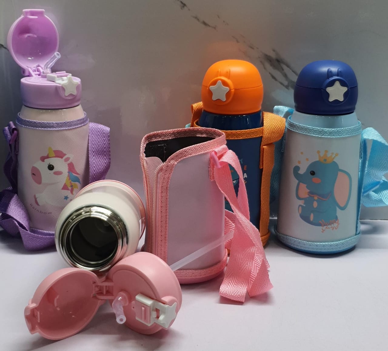 Kids Thermocup with a Zip Cartoon Carrier Bag and a Sipping Straw 500ml
