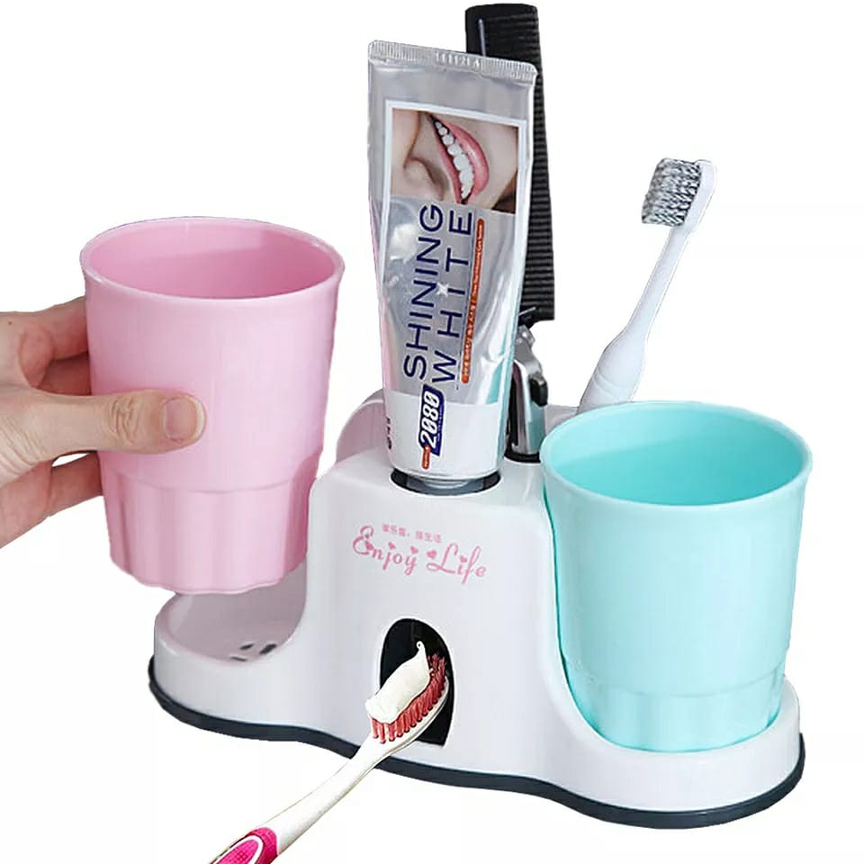 Toothbrush Holder Toothpaste Dispenser 2Cups plus an Adhesive Sticker