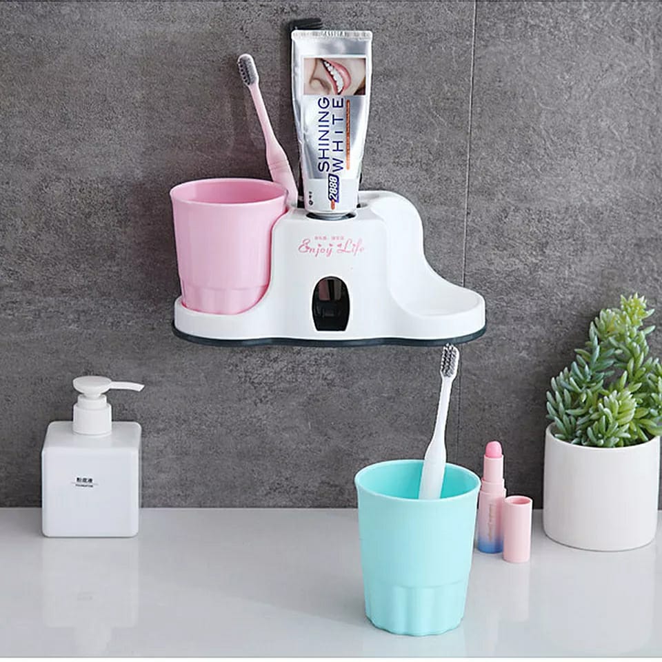 Toothbrush Holder Toothpaste Dispenser 2Cups plus an Adhesive Sticker