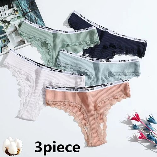 3PCs Love You Pure Cotton Lace Thong Women Panties Ladies Panty