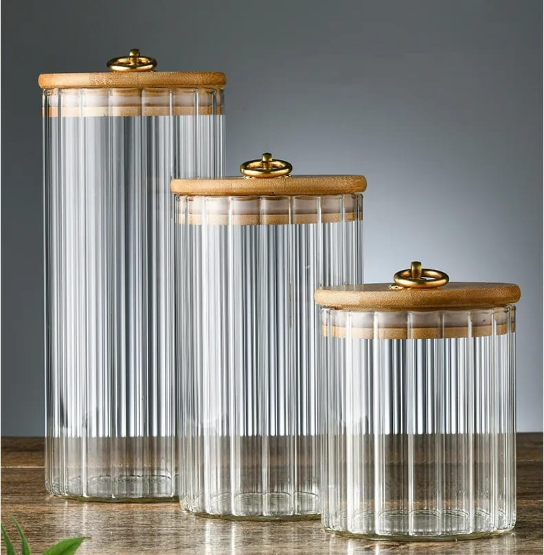 3pcs Glass Storage Jars 
▪Decorative Coffee Bar Canister, Home Kitchen Stackable Container with Airtight Bamboo Lids for Candy, Cookie, Pasta, Nuts, Oatmeal