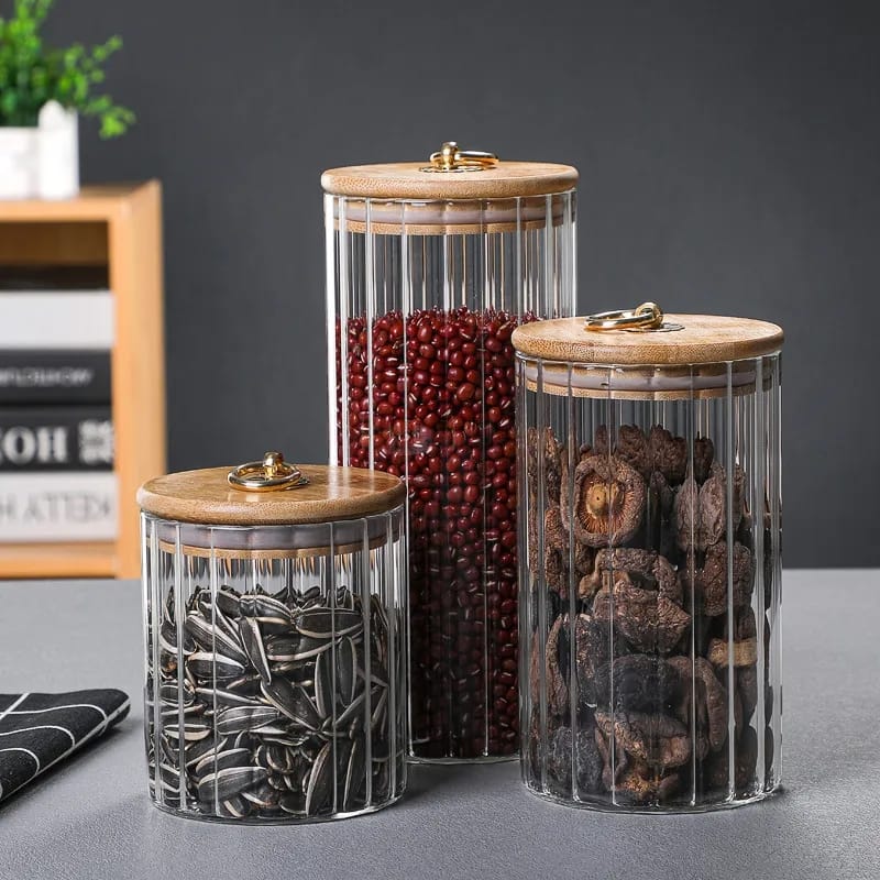 3pcs Glass Storage Jars 
▪Decorative Coffee Bar Canister, Home Kitchen Stackable Container with Airtight Bamboo Lids for Candy, Cookie, Pasta, Nuts, Oatmeal