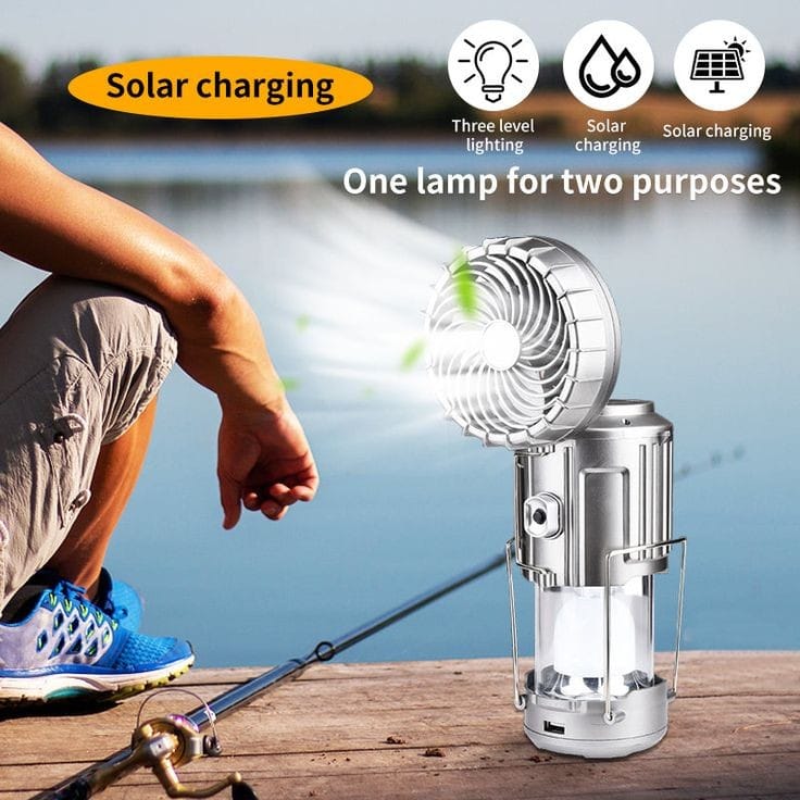 Solar Camping Lantern with Fan, Emergency Flashlight Charging for Phone, USB Rechargeable Portable LED Lanterns Camping Fans for Tents Power Outage Hurricanes Camping Gear