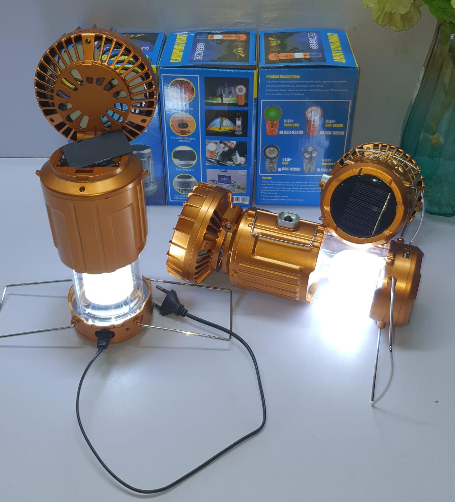 Solar Camping Lantern with Fan, Emergency Flashlight Charging for Phone, USB Rechargeable Portable LED Lanterns Camping Fans for Tents Power Outage Hurricanes Camping Gear
