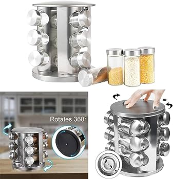 12 Jar Revolving Countertop Spice Rack with Spices Included, FREE Spice Refills for 5 Years, Polished Stainless Steel