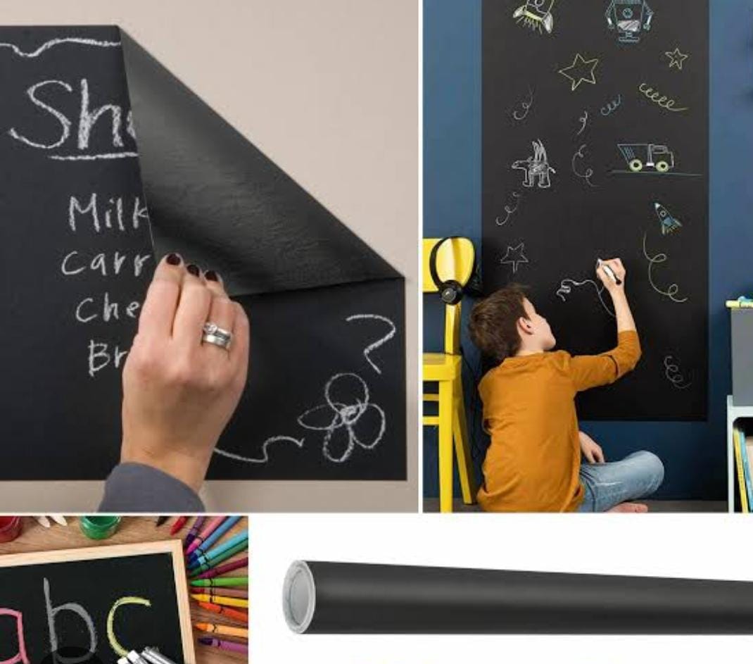 Large Chalkboard Adhesive Paper Roll (8 FEET) 5 Chalks Included - Peel & Stick Chalkboard Wallpaper for Walls, Tables, Schools, and Classrooms - Alternative to Blackboard Paint