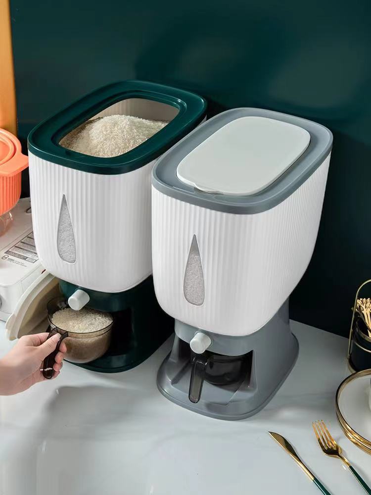 Rice Dispenser for Countertops – Seal 20 Lbs. of Food in Your Small, Strong, Light Rice & Cereal Dispenser – Brush & Measuring Cup Included – White-Gray – Home & Kitchen Goods