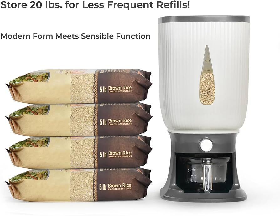 Rice Dispenser for Countertops – Seal 20 Lbs. of Food in Your Small, Strong, Light Rice & Cereal Dispenser – Brush & Measuring Cup Included – White-Gray – Home & Kitchen Goods