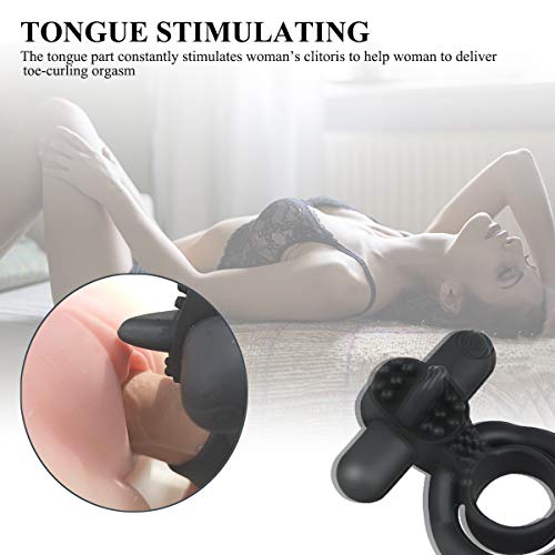 Vibrating Penis Ring with Tongue, Male Cock Ring & Clitoral G-Spot Bullet Vibrator Clitoris Stimulators Powerful Sex Toys for Couple Prolong Sexual Pleasure Rechargeable (Black)