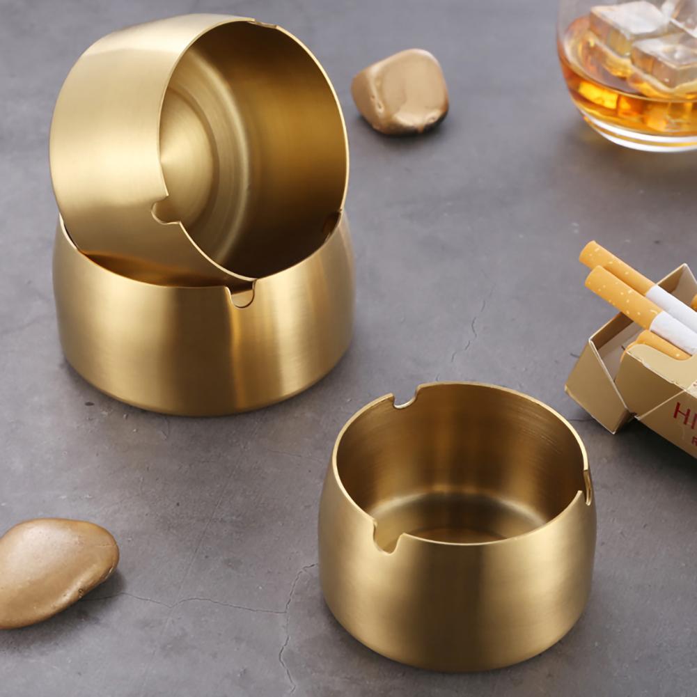 AKOAK 1 Pack Stainless Steel Round Thickening Anti-fall High Temperature Heat Resistant Ashtray, Living Room Desk Office Desk Ash Storage Tray Box (Gold)