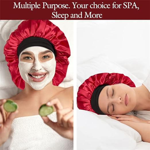 2 Pcs Extra Large Satin Hair Bonnet for Sleeping Cap 17 inches Jumbo Silk Sleep Bonnet for Women (Black & Red)