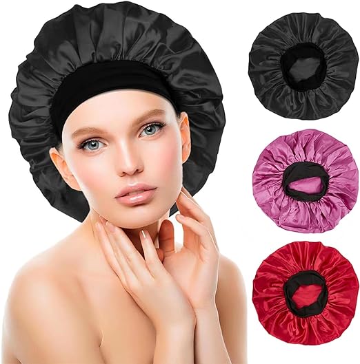 2 Pcs Extra Large Satin Hair Bonnet for Sleeping Cap 17 inches Jumbo Silk Sleep Bonnet for Women (Black & Red)