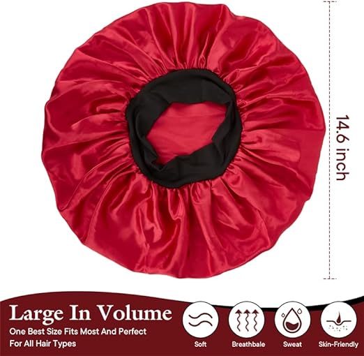 2 Pcs Extra Large Satin Hair Bonnet for Sleeping Cap 17 inches Jumbo Silk Sleep Bonnet for Women (Black & Red)