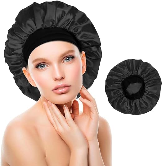 2 Pcs Extra Large Satin Hair Bonnet for Sleeping Cap 17 inches Jumbo Silk Sleep Bonnet for Women (Black & Red)