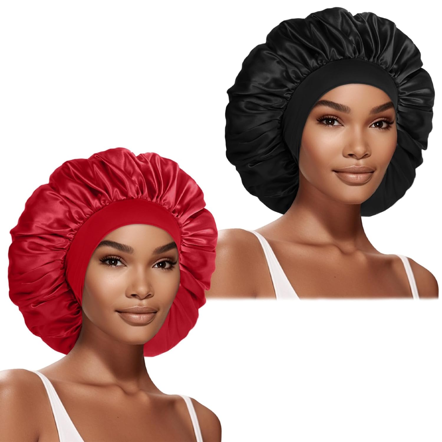 2 Pcs Extra Large Satin Hair Bonnet for Sleeping Cap 17 inches Jumbo Silk Sleep Bonnet for Women (Black & Red)