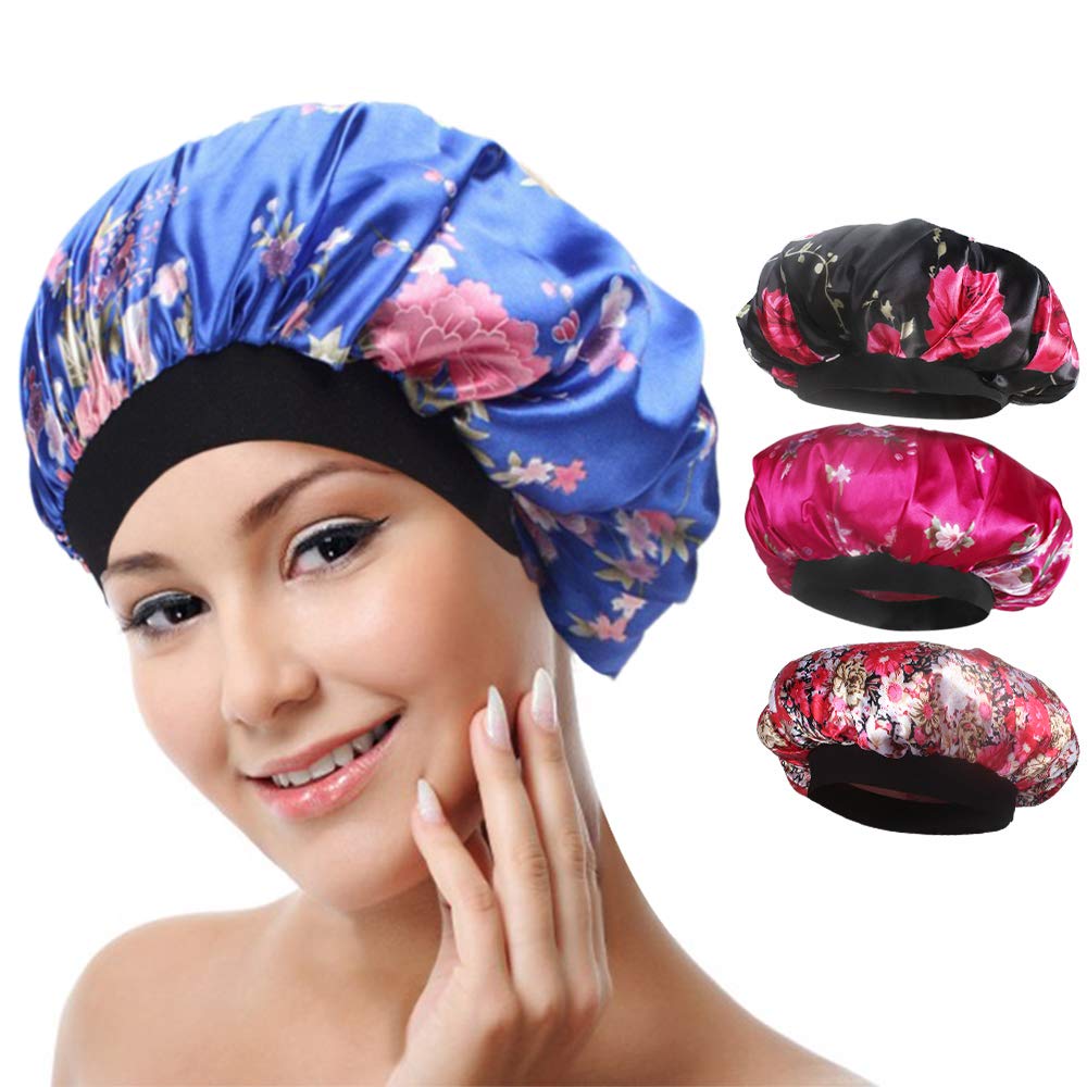 3 Pack Large Satin Bonnets for Women Hair Bonnet for Sleeping Satin Bonnet for Hair Adjustable Band Silky Sleeping Cap