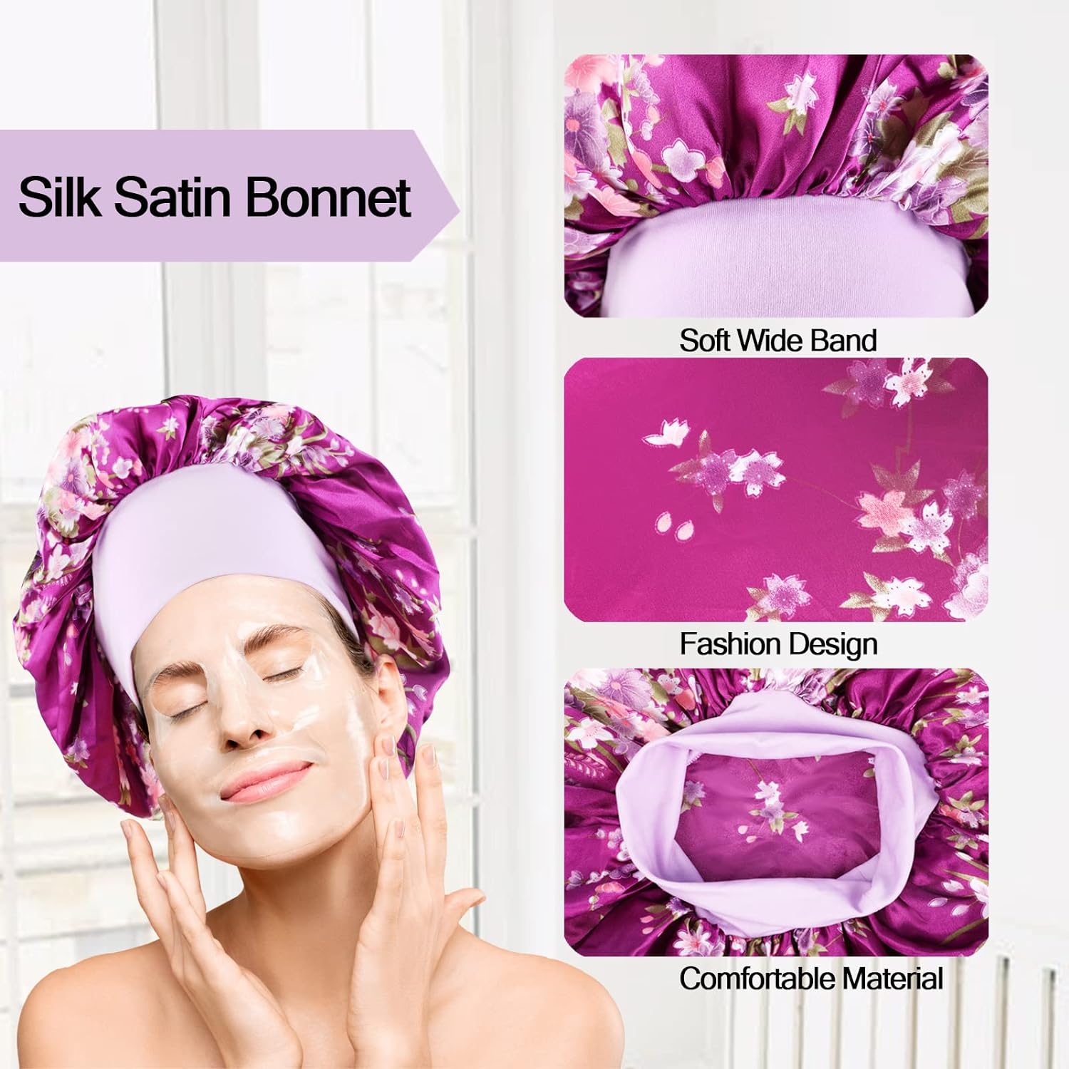 3 Pack Large Satin Bonnets for Women Hair Bonnet for Sleeping Satin Bonnet for Hair Adjustable Band Silky Sleeping Cap