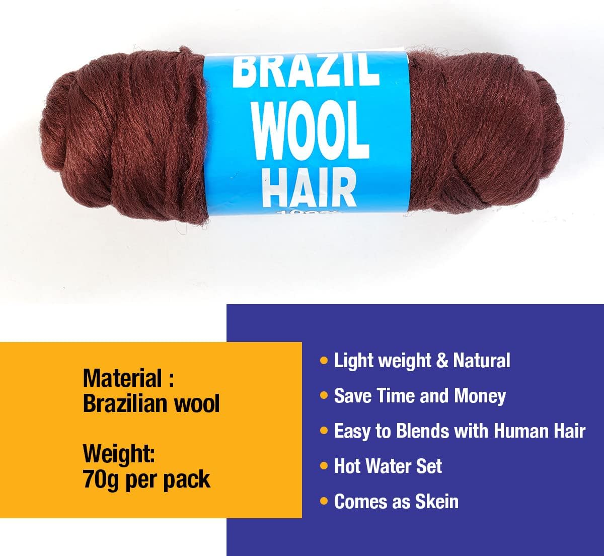 4pc Brazilian Yarn Wool Hair for Braids Braiding Hair with 100% Acrylic Brazilian Wool Hair for African Crochet Braided Hair Senegalese Twist Box Braids Faux Locs with Yarn Hair