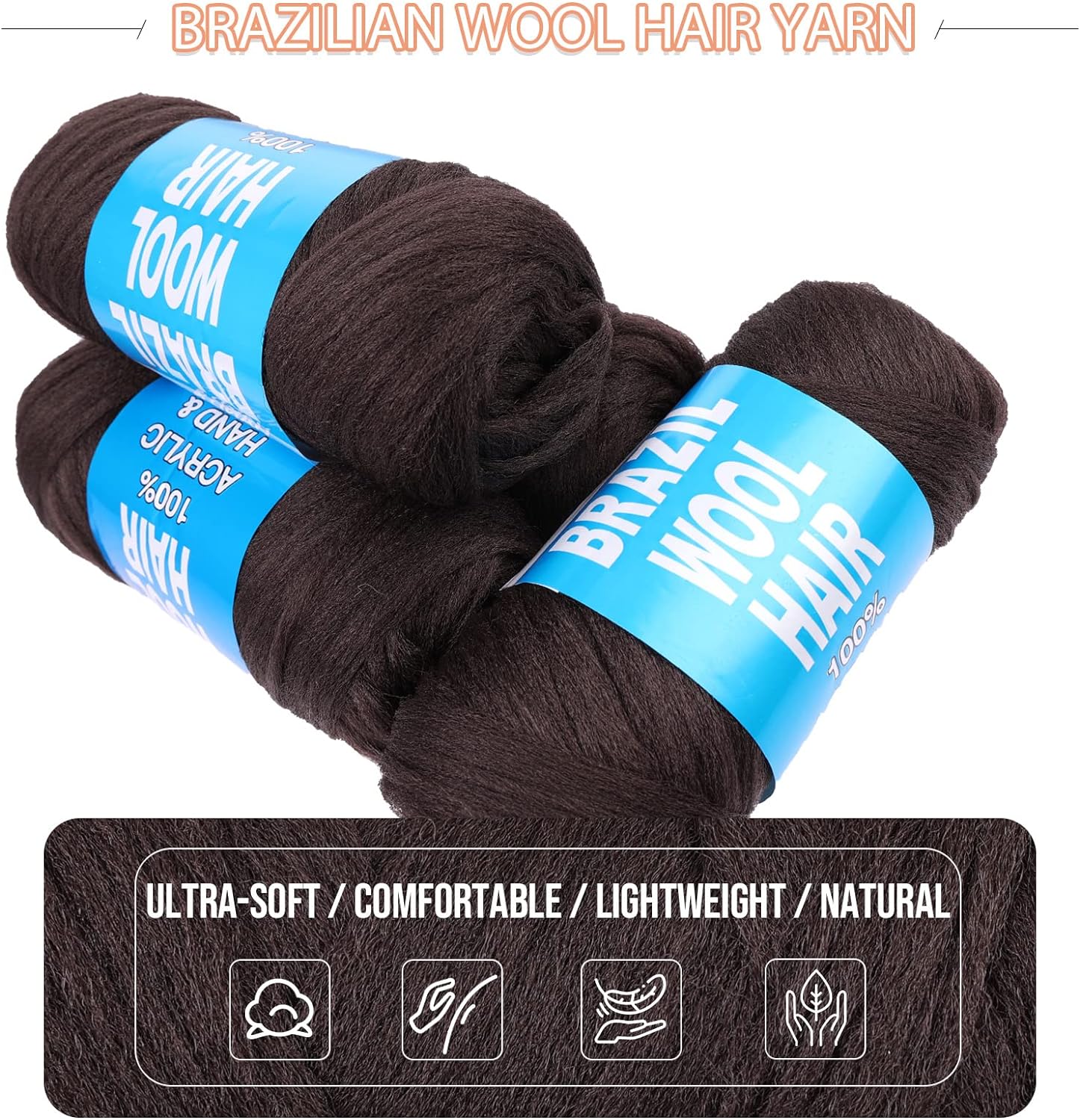 4Pcs Dark Brown Brazilian Wool Hair for Braids Acrylic Hand Knitting Yarn for Hair Braiding Hair Extension Faux Locs African Crochet Braid