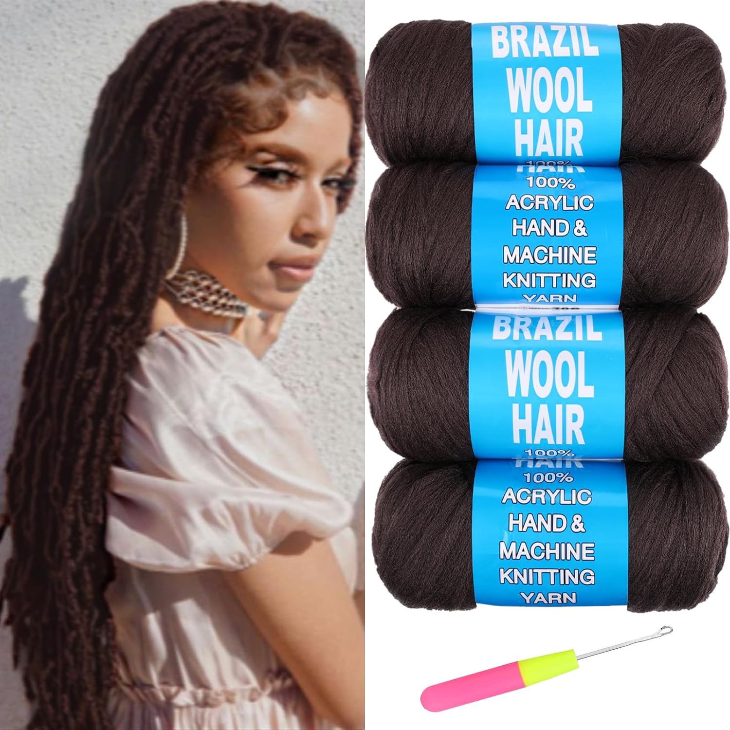 4Pcs Dark Brown Brazilian Wool Hair for Braids Acrylic Hand Knitting Yarn for Hair Braiding Hair Extension Faux Locs African Crochet Braid
